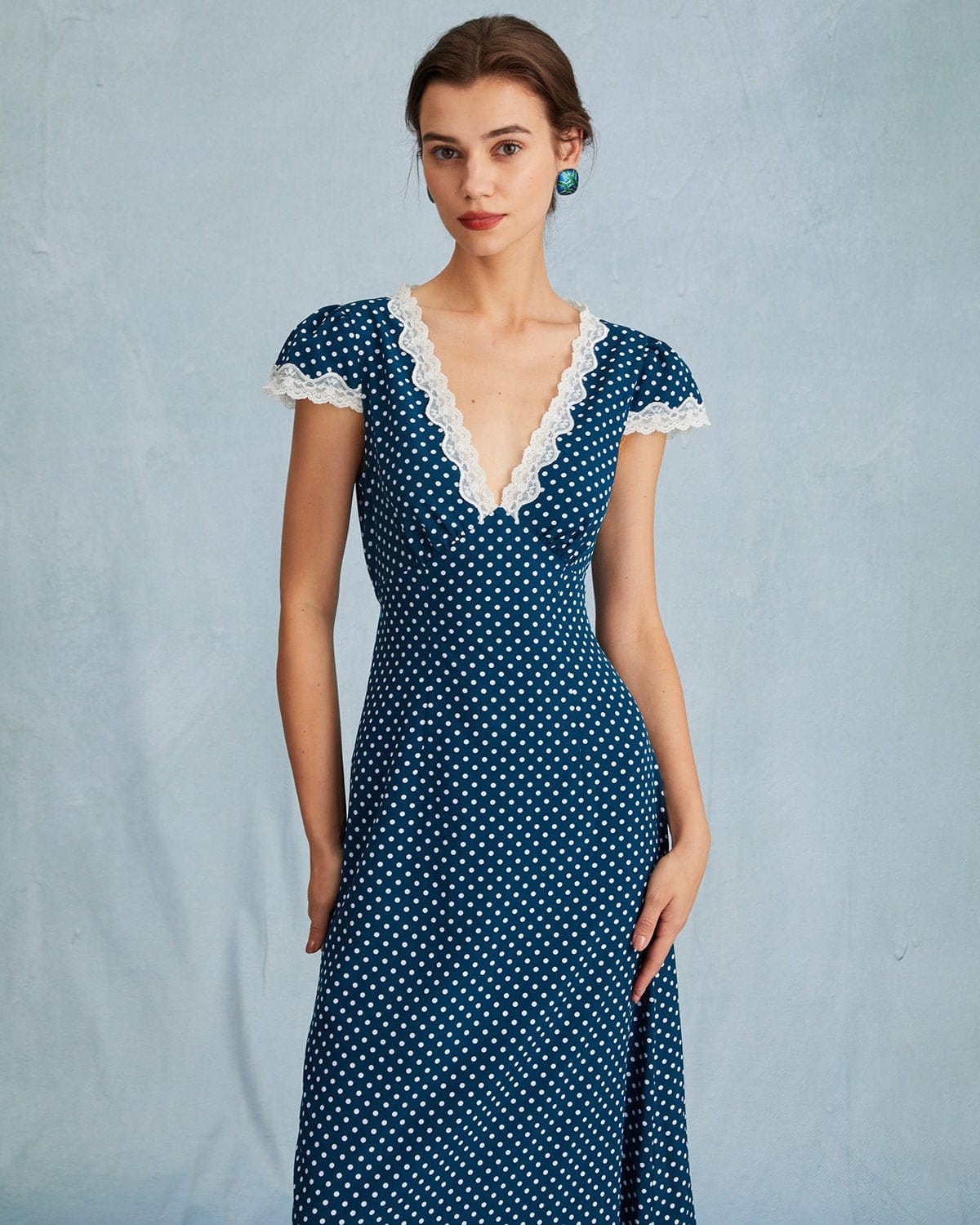 Navy Blue Polka Dot and Lace Maxi Dress with Ruching