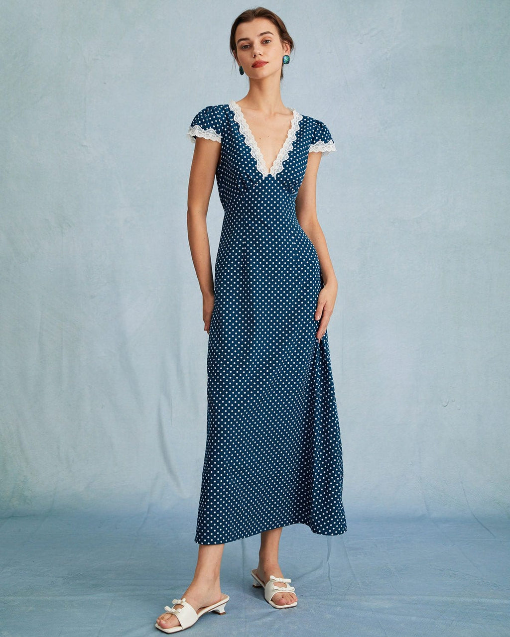 Navy Blue Polka Dot and Lace Maxi Dress with Ruching