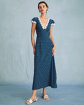 Navy Blue Polka Dot and Lace Maxi Dress with Ruching