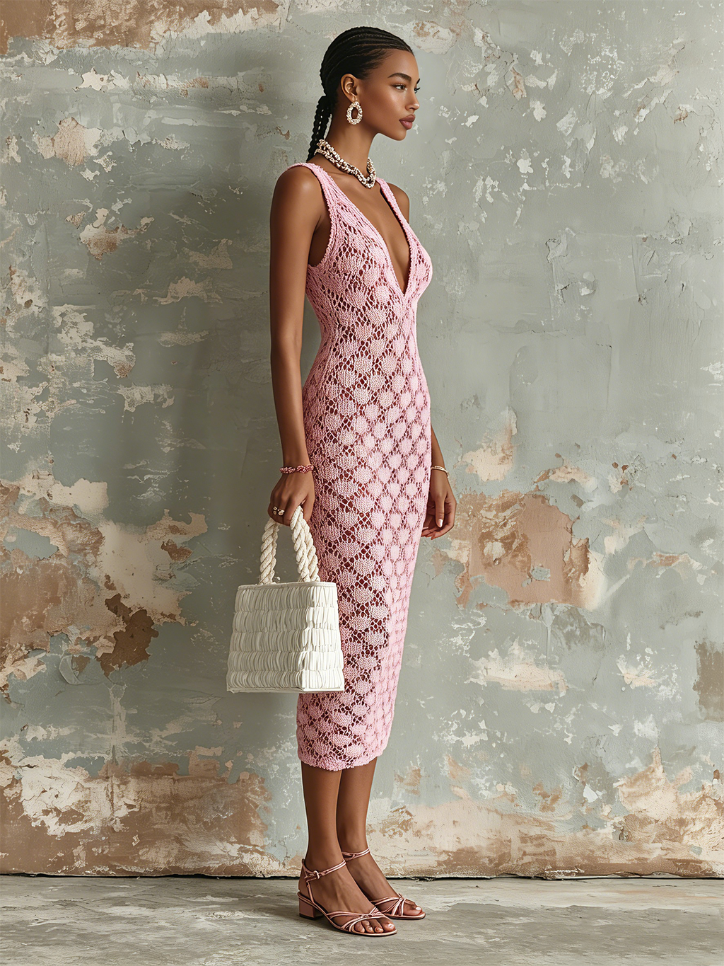Chic Elegant Pink V-Neck Sleeveless Slim-Fit Hollow-Out Knit Midi Dress
