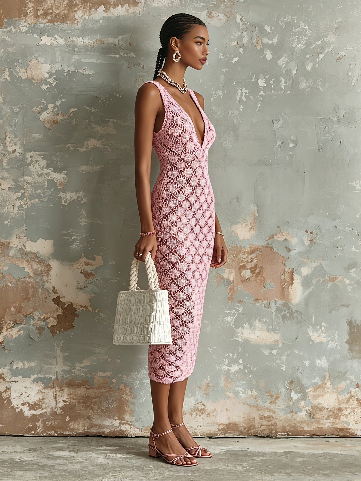 Chic Elegant Pink V-Neck Sleeveless Slim-Fit Hollow-Out Knit Midi Dress
