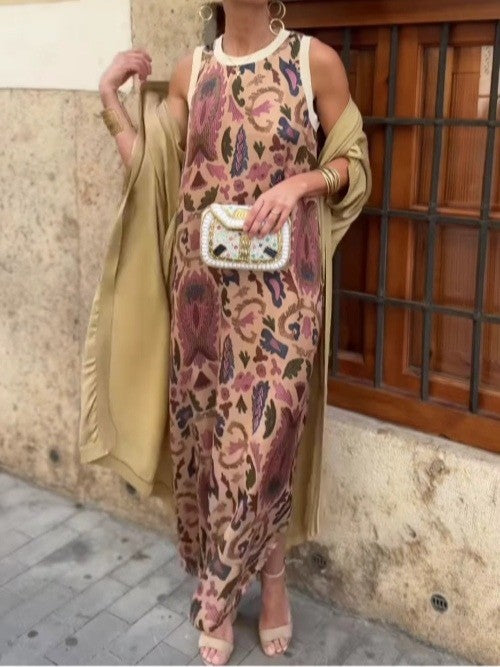 Elegant two-piece printed dress with cape