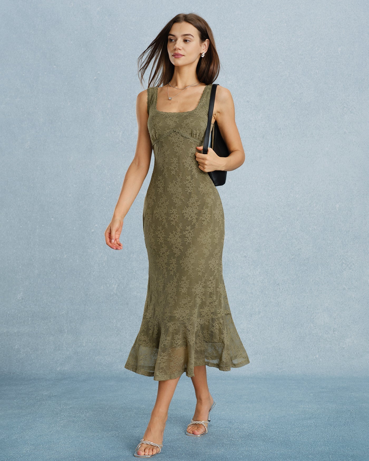 Green Floral Lace Midi Dress with Square Neck