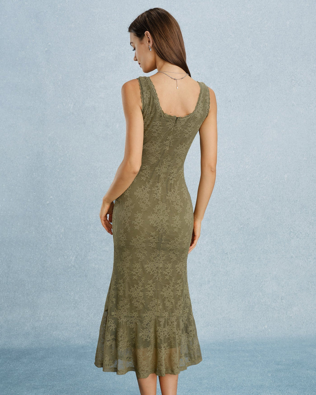 Green Floral Lace Midi Dress with Square Neck