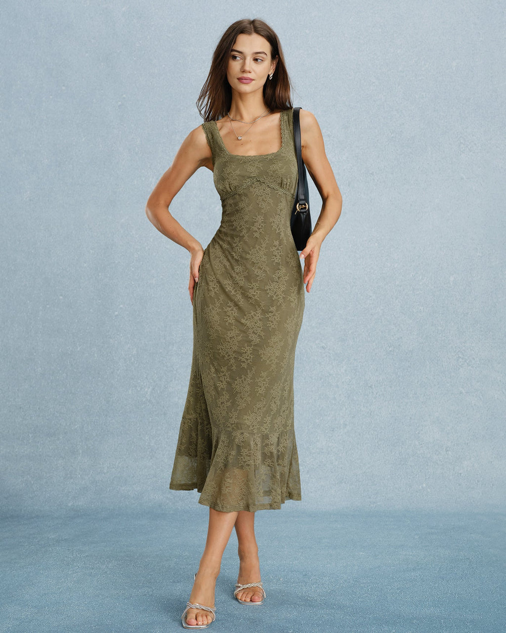Green Floral Lace Midi Dress with Square Neck