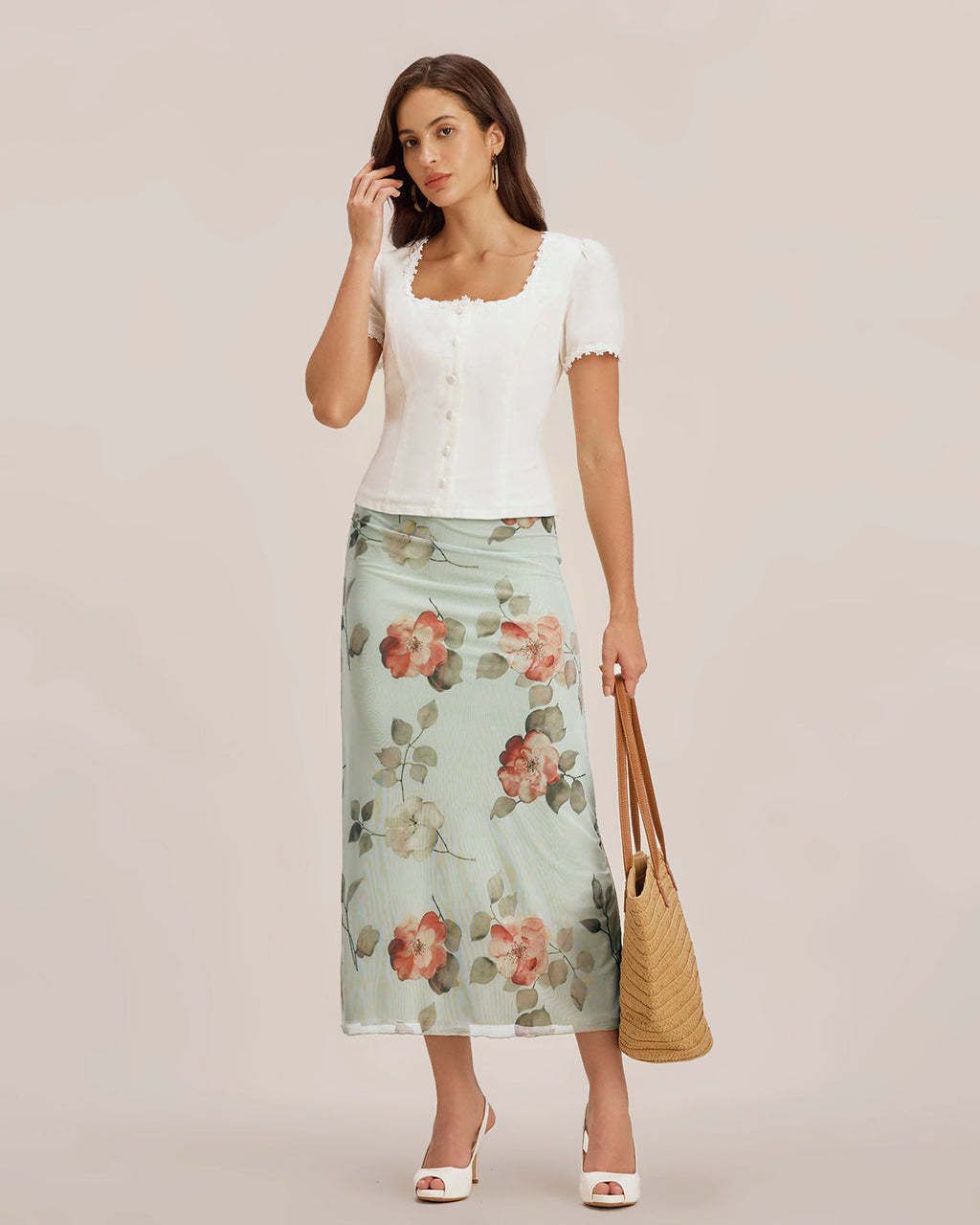 White Lace Blouse with Square Neck and Button Detail