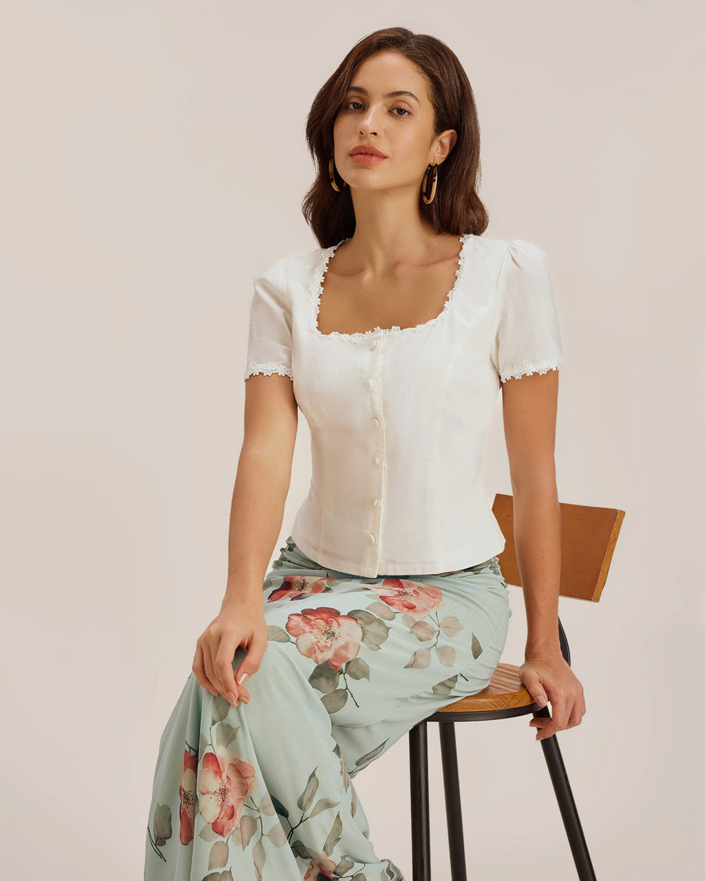 White Lace Blouse with Square Neck and Button Detail