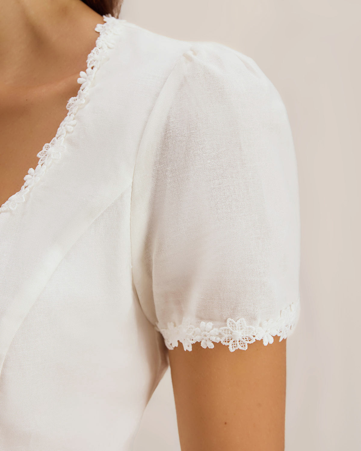 White Lace Blouse with Square Neck and Button Detail