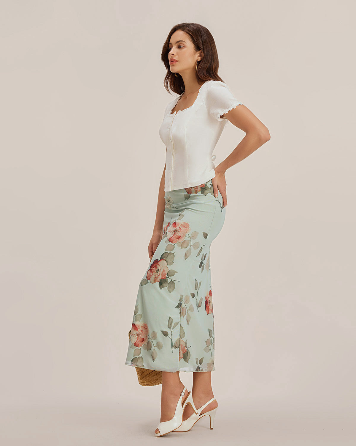 White Lace Blouse with Square Neck and Button Detail