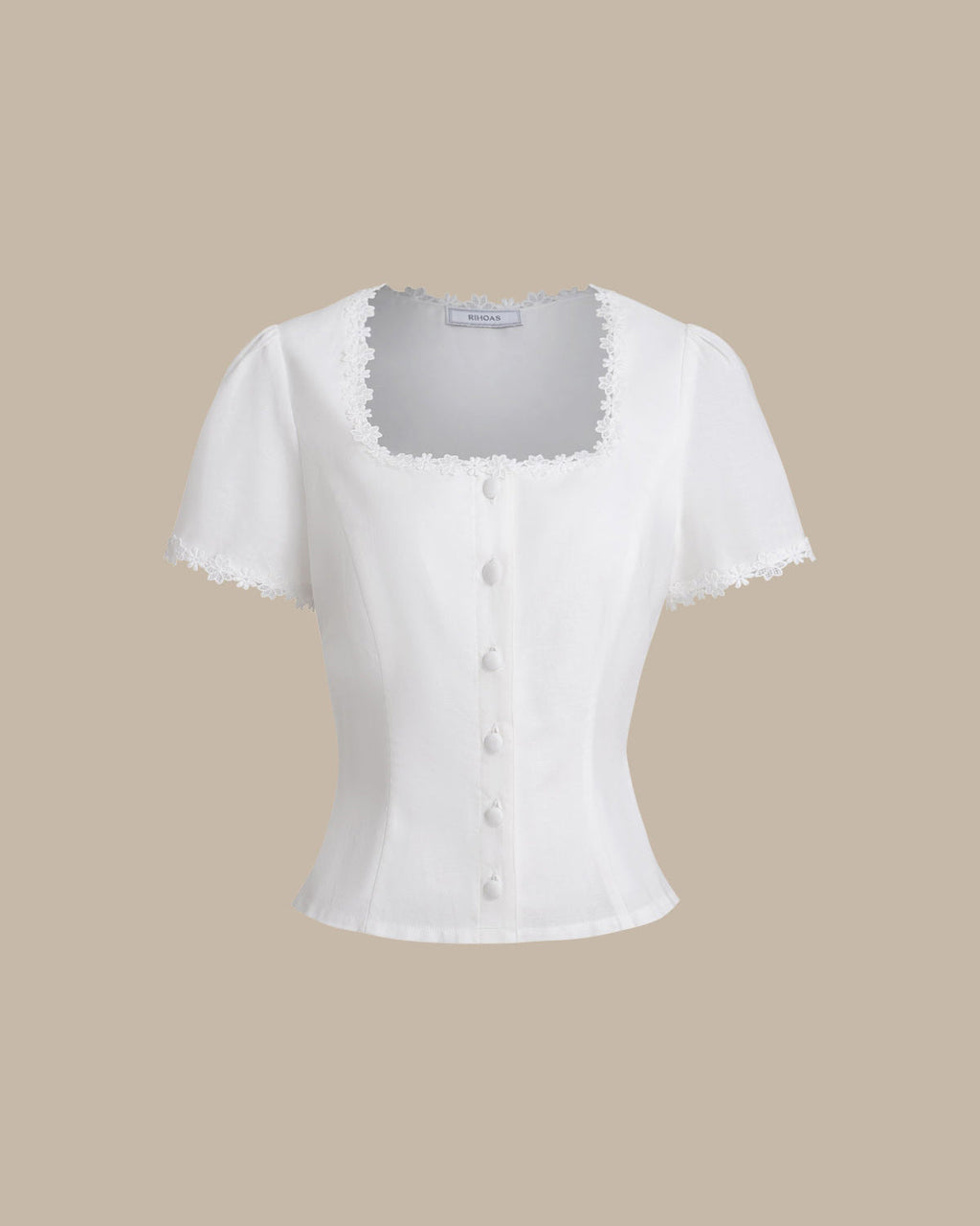 White Lace Blouse with Square Neck and Button Detail