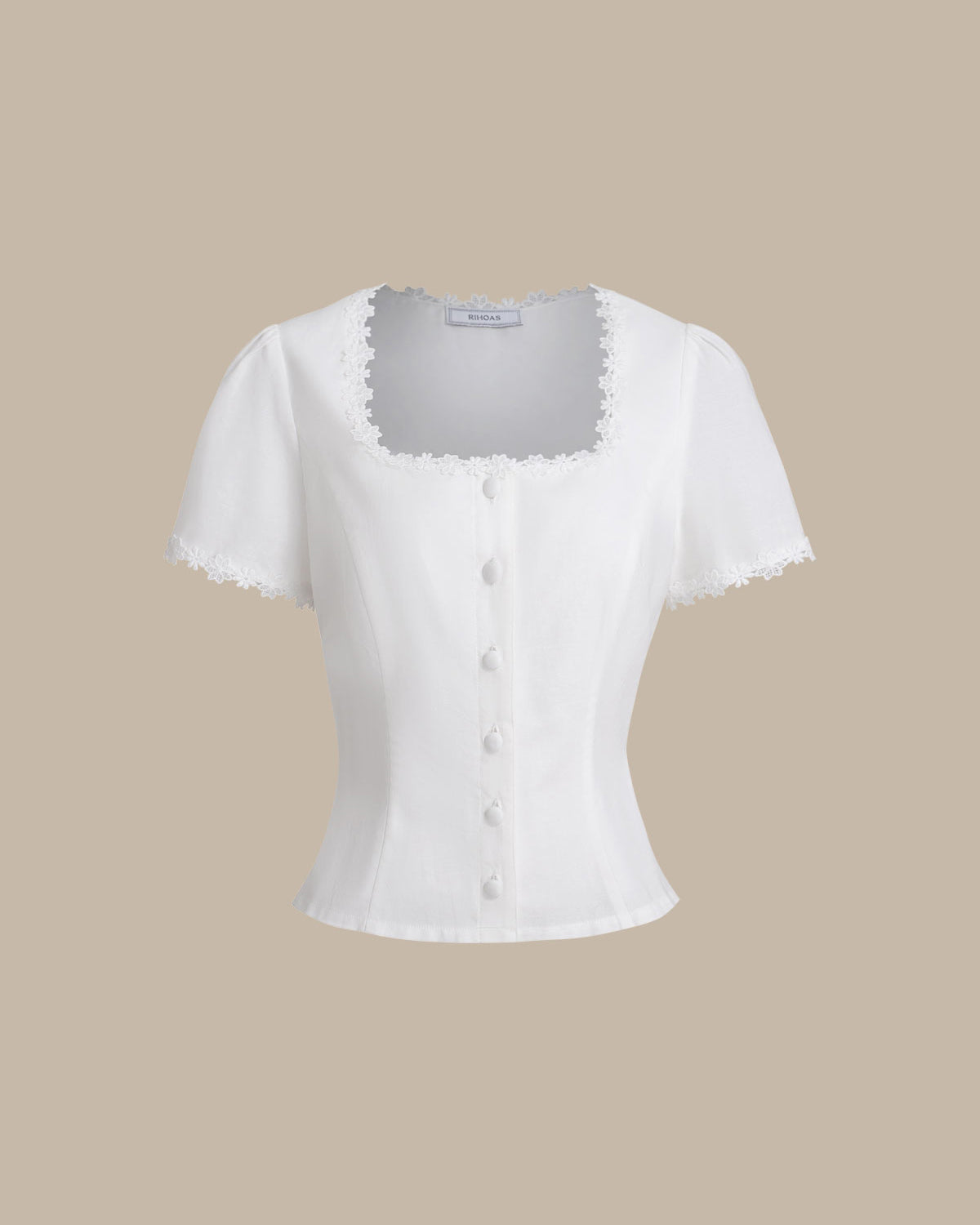 White Lace Blouse with Square Neck and Button Detail