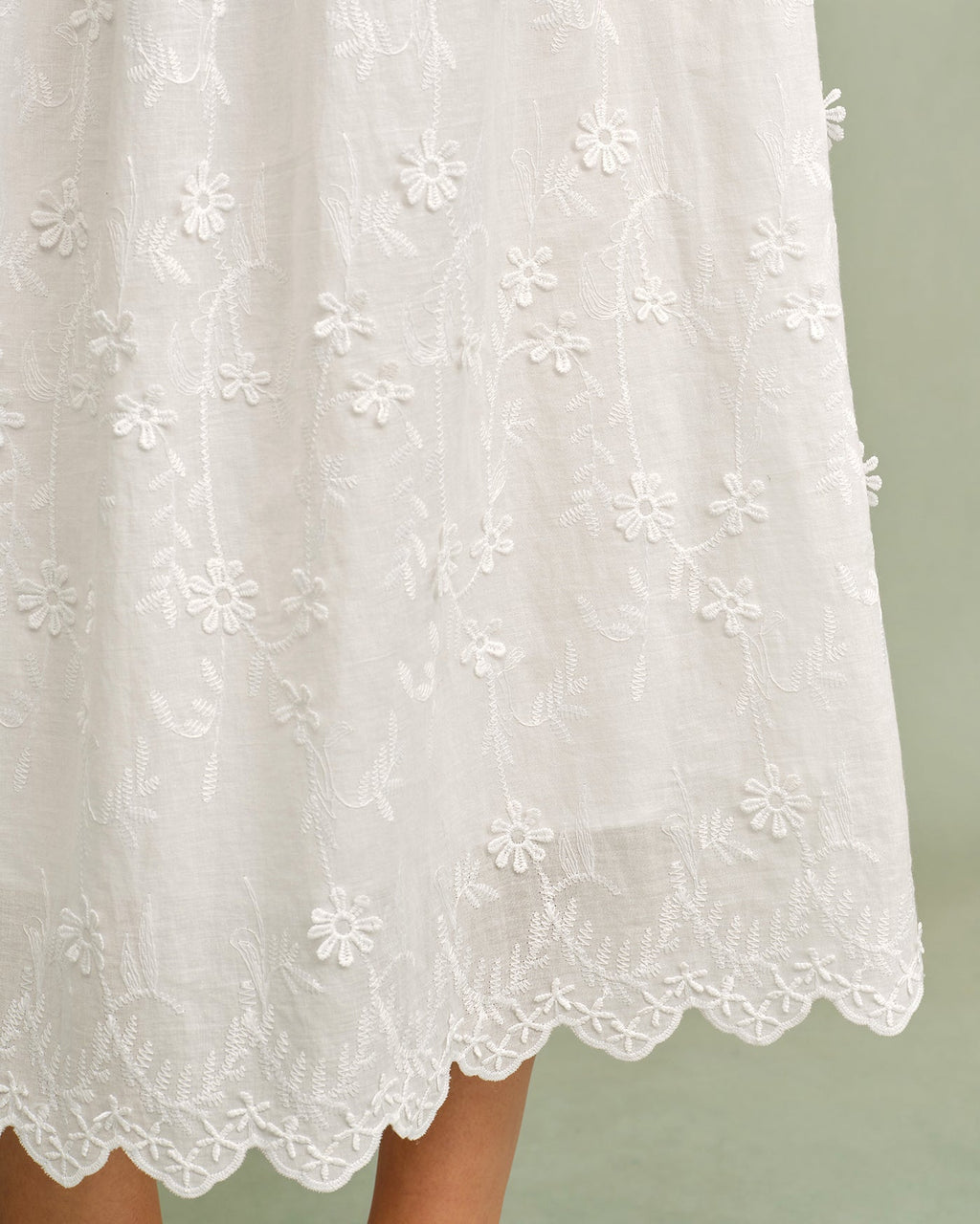White Floral Midi Dress with Round Neck
