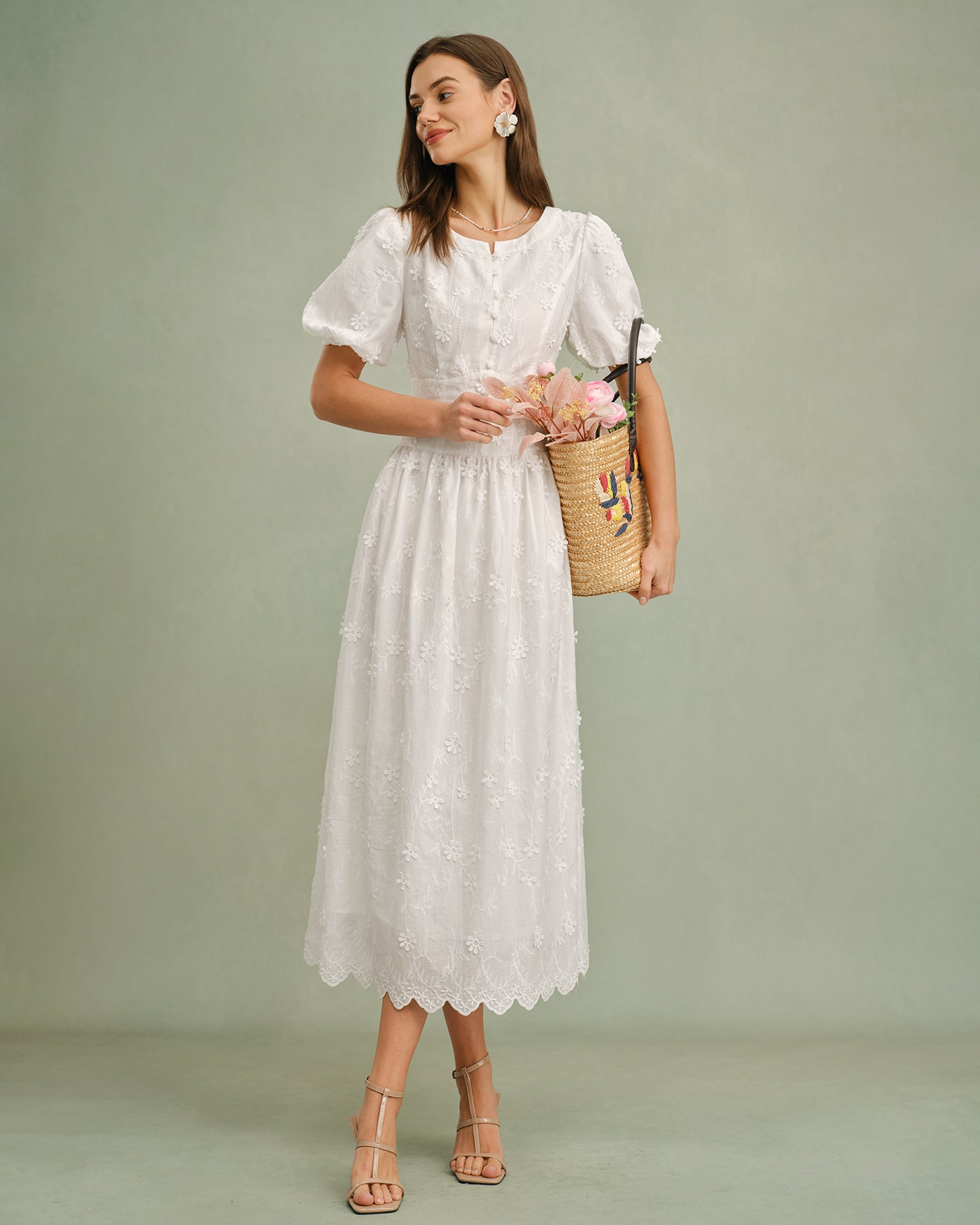 White Floral Midi Dress with Round Neck