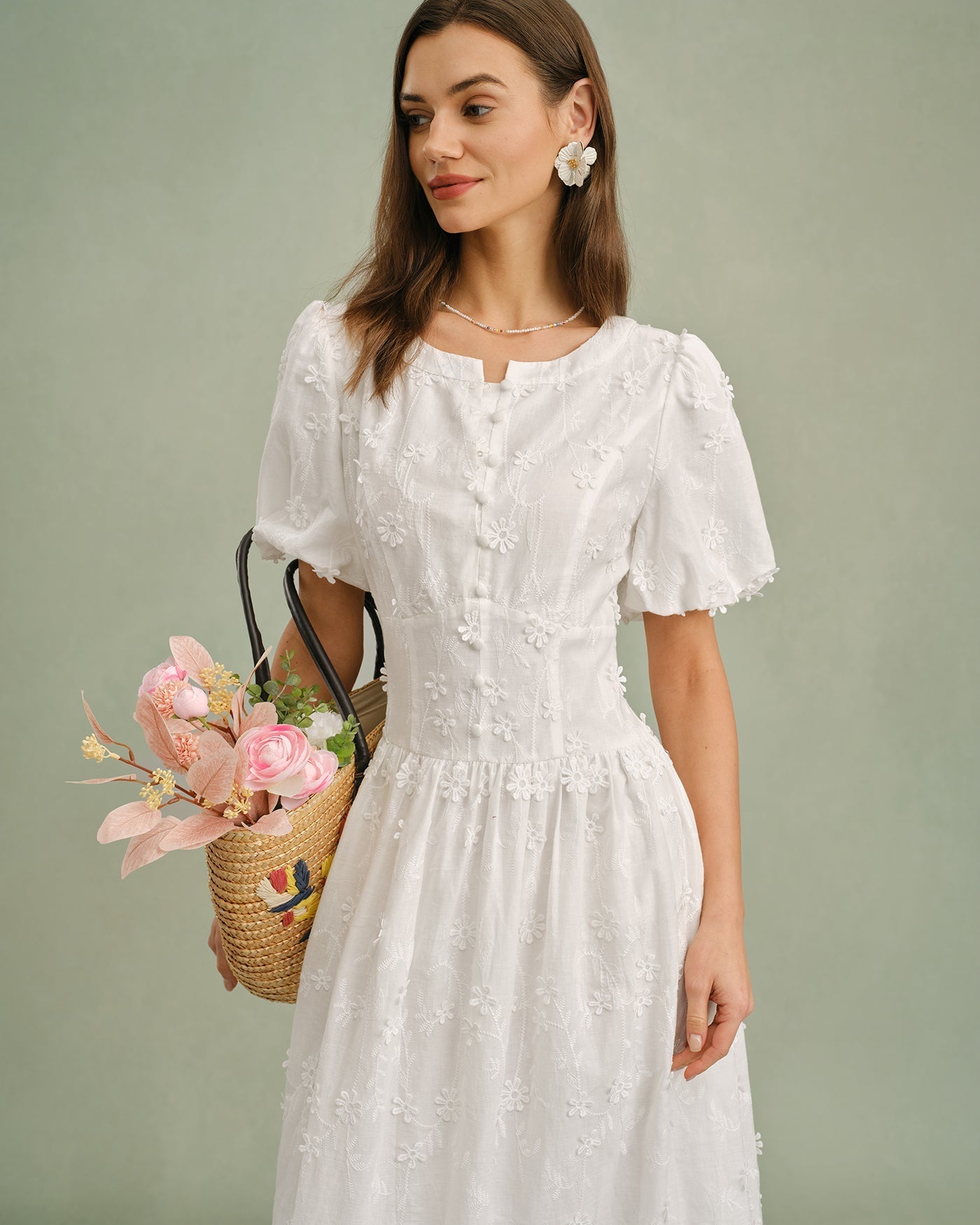 White Floral Midi Dress with Round Neck