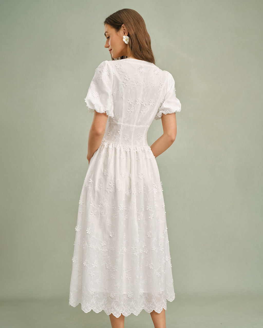 White Floral Midi Dress with Round Neck