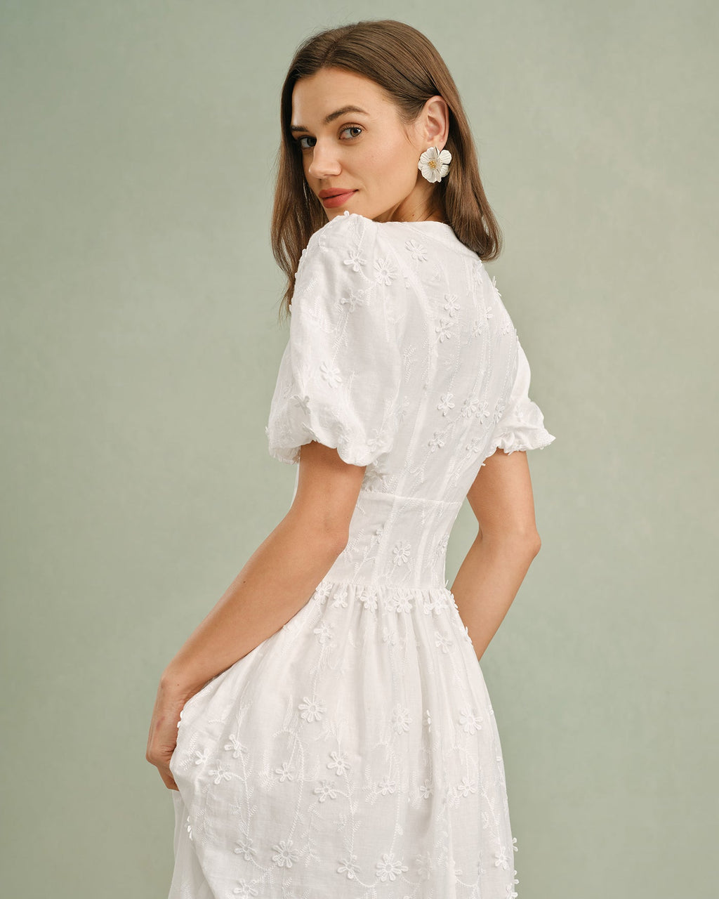 White Floral Midi Dress with Round Neck