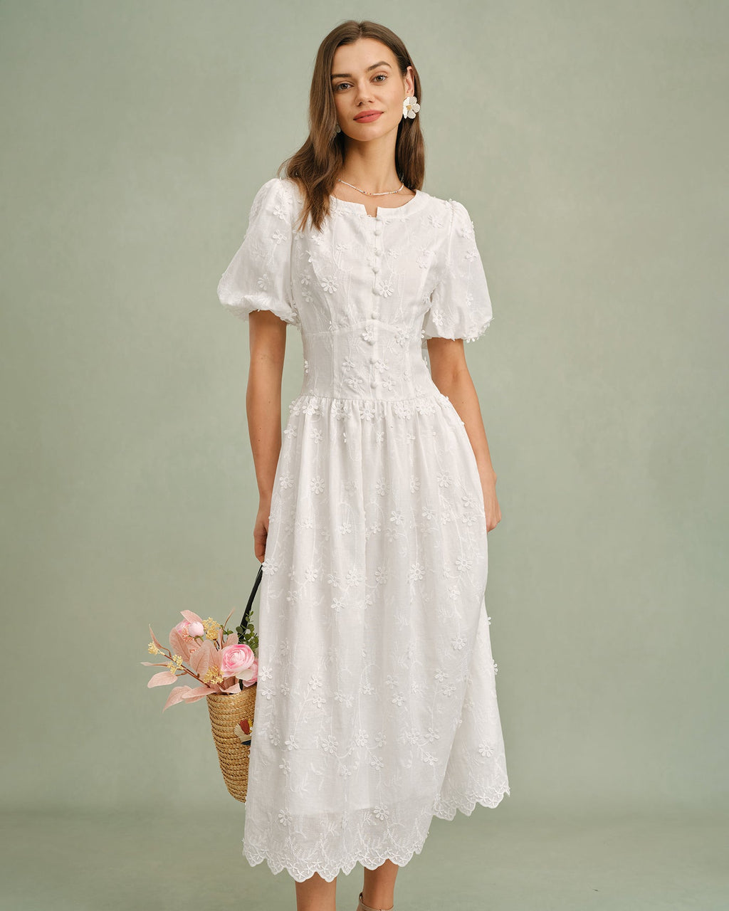 White Floral Midi Dress with Round Neck