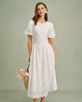 White Floral Midi Dress with Round Neck