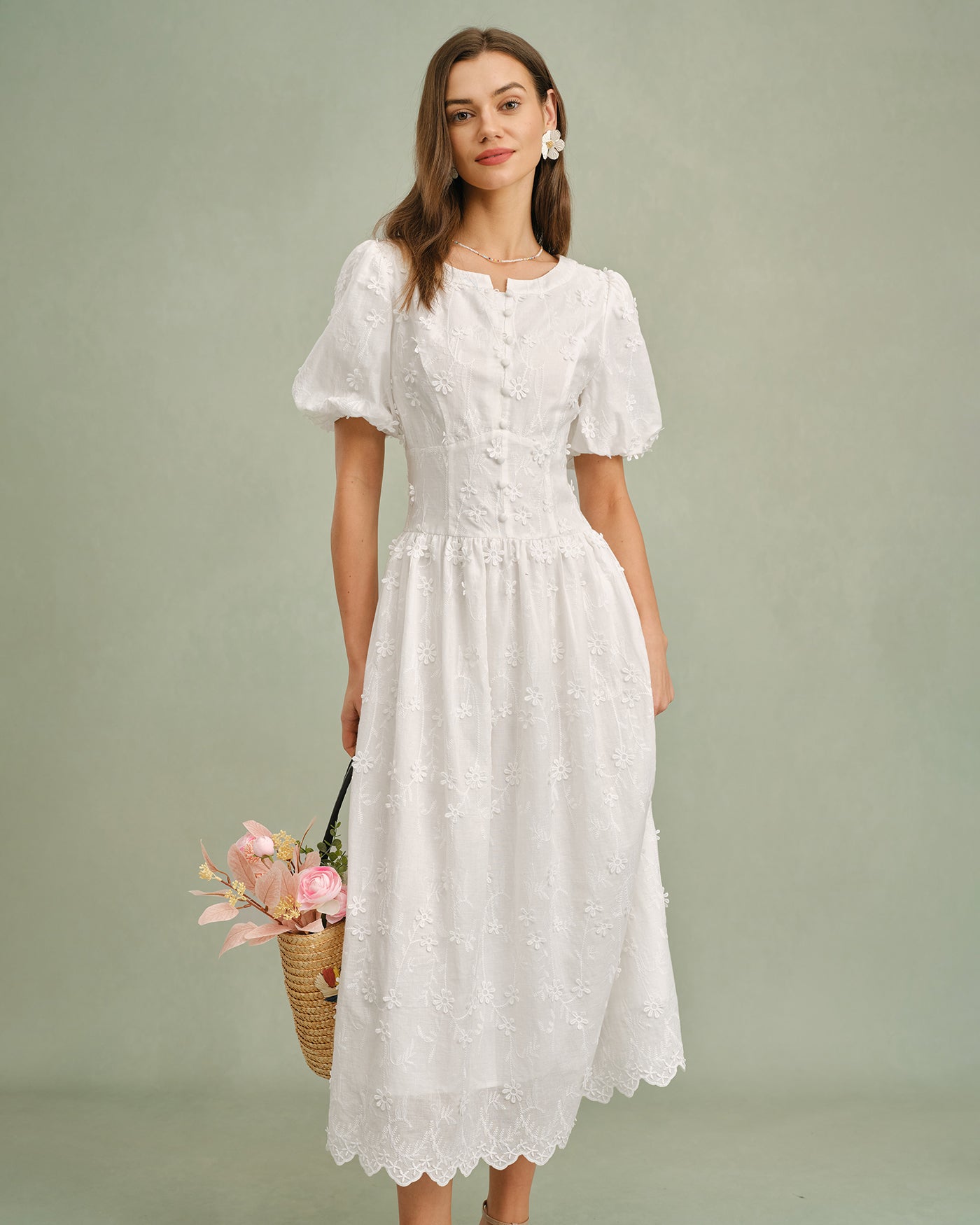 White Floral Midi Dress with Round Neck