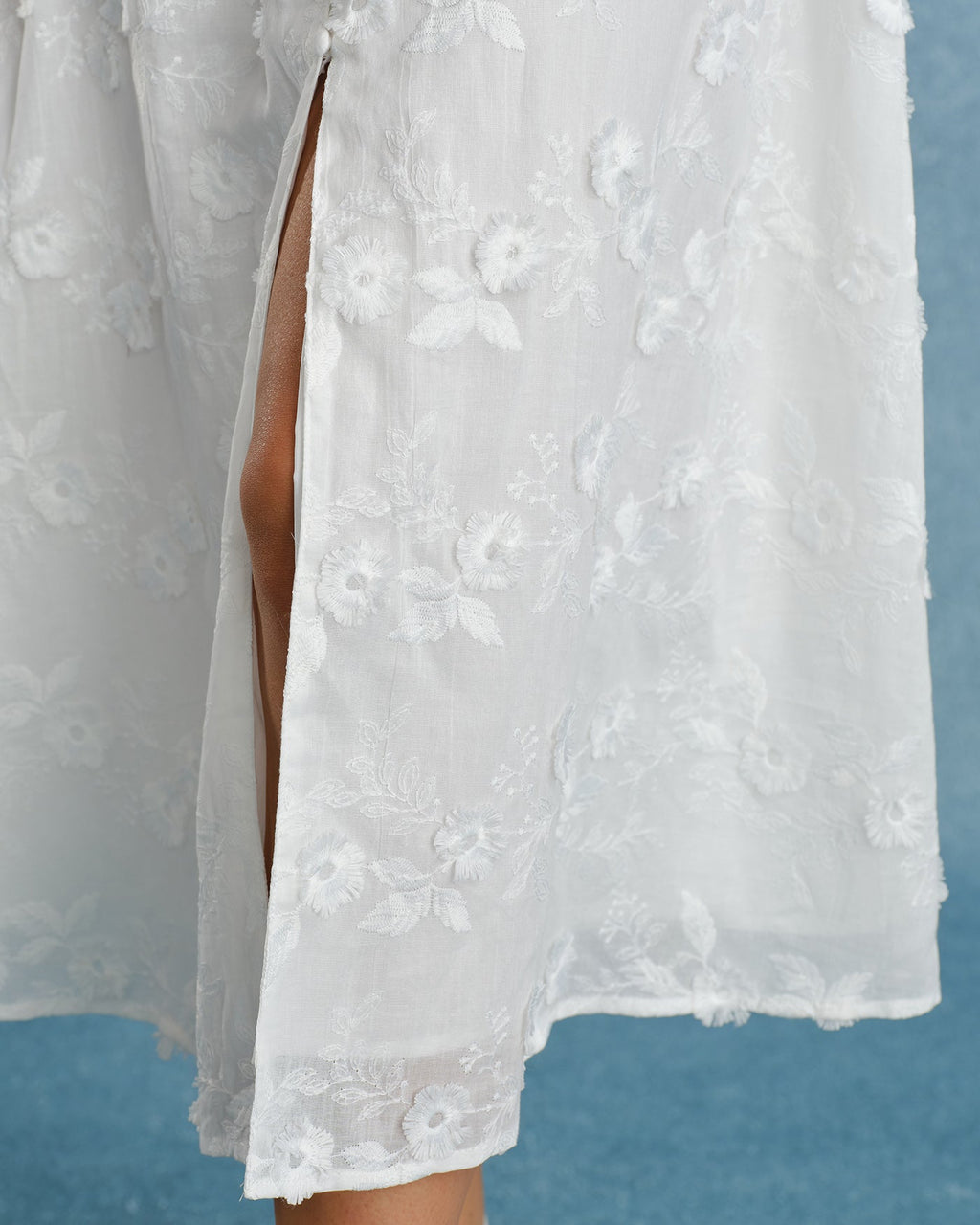 White Embroidered Midi Dress with Puff Sleeves