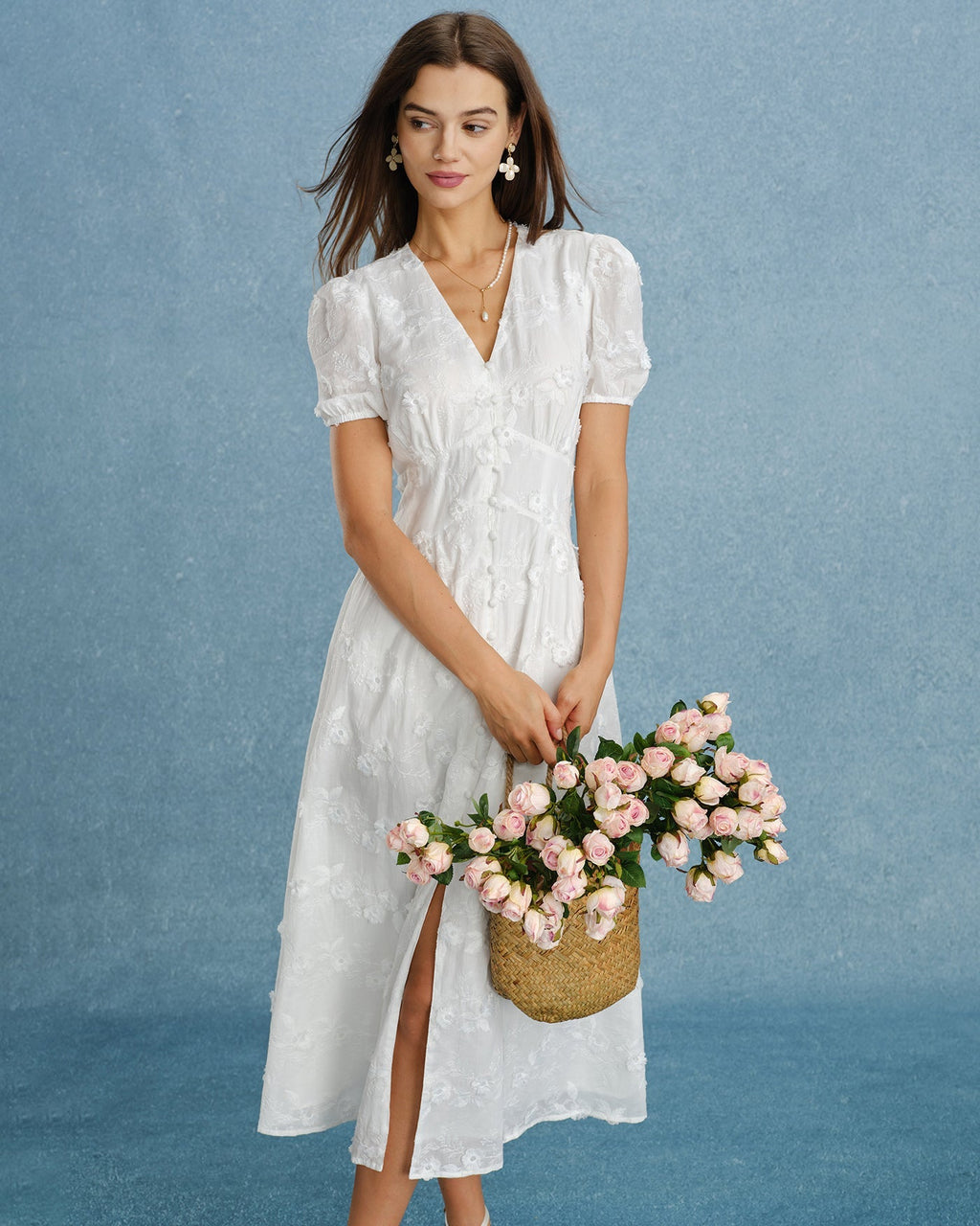 White Embroidered Midi Dress with Puff Sleeves
