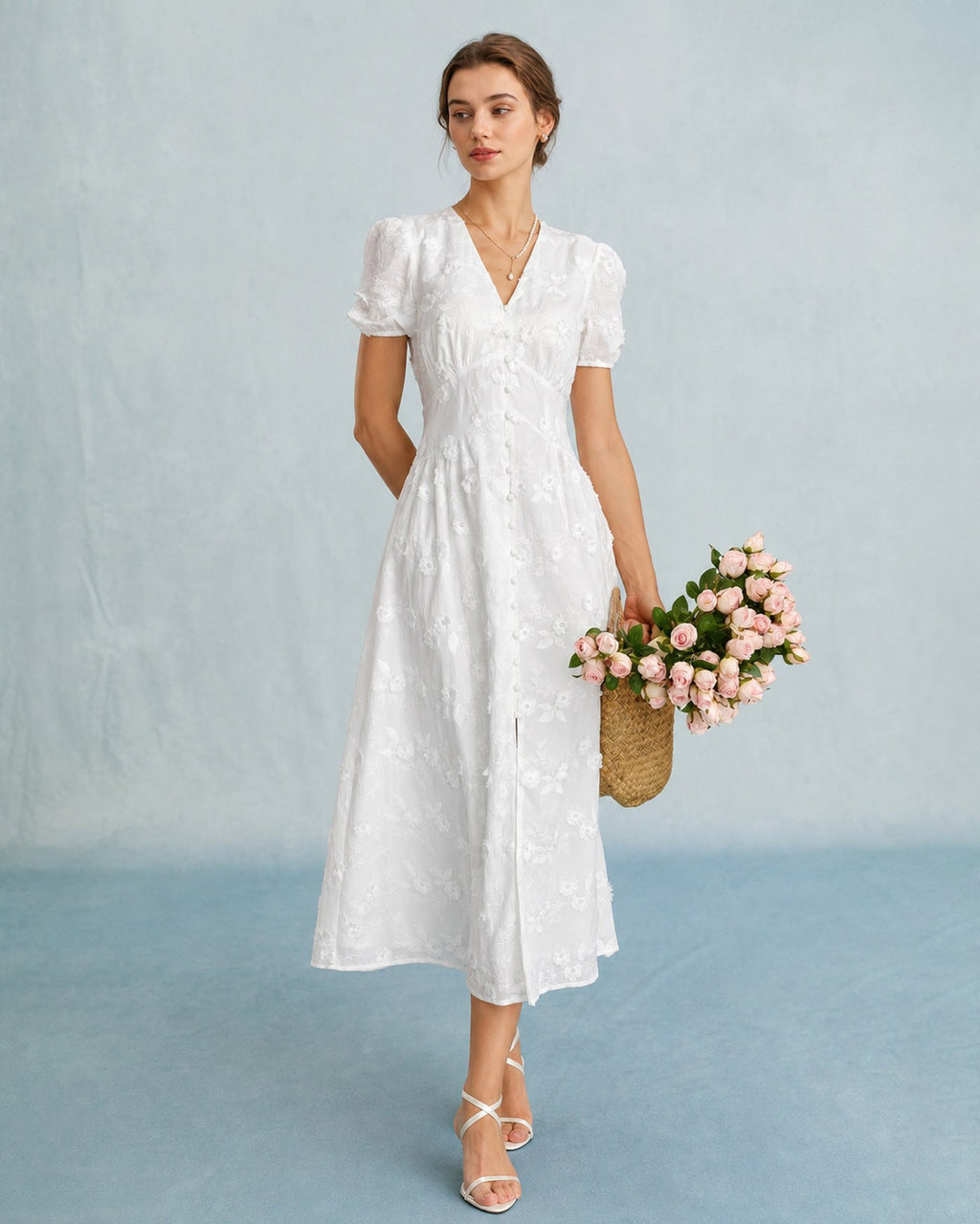 White Embroidered Midi Dress with Puff Sleeves