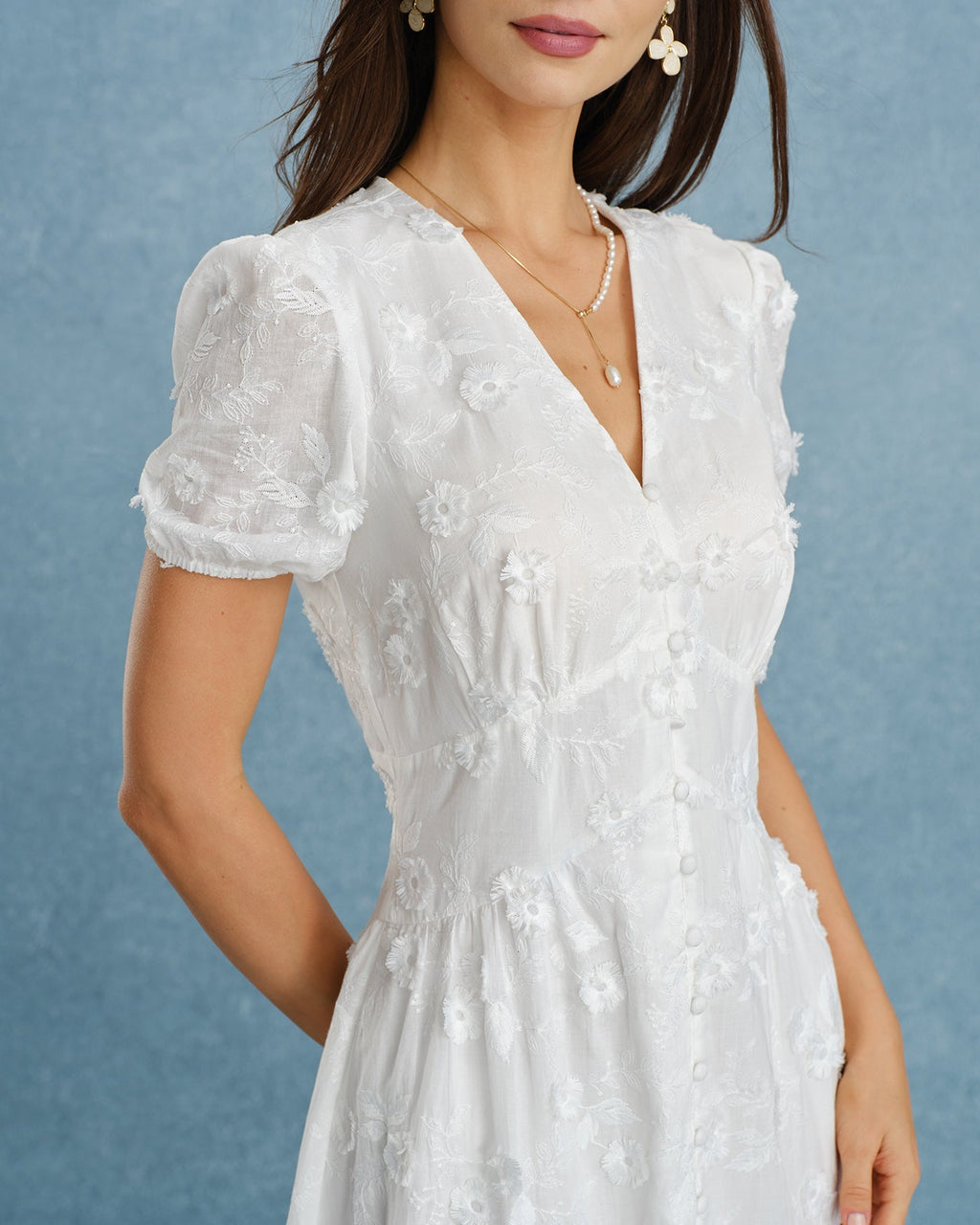 White Embroidered Midi Dress with Puff Sleeves