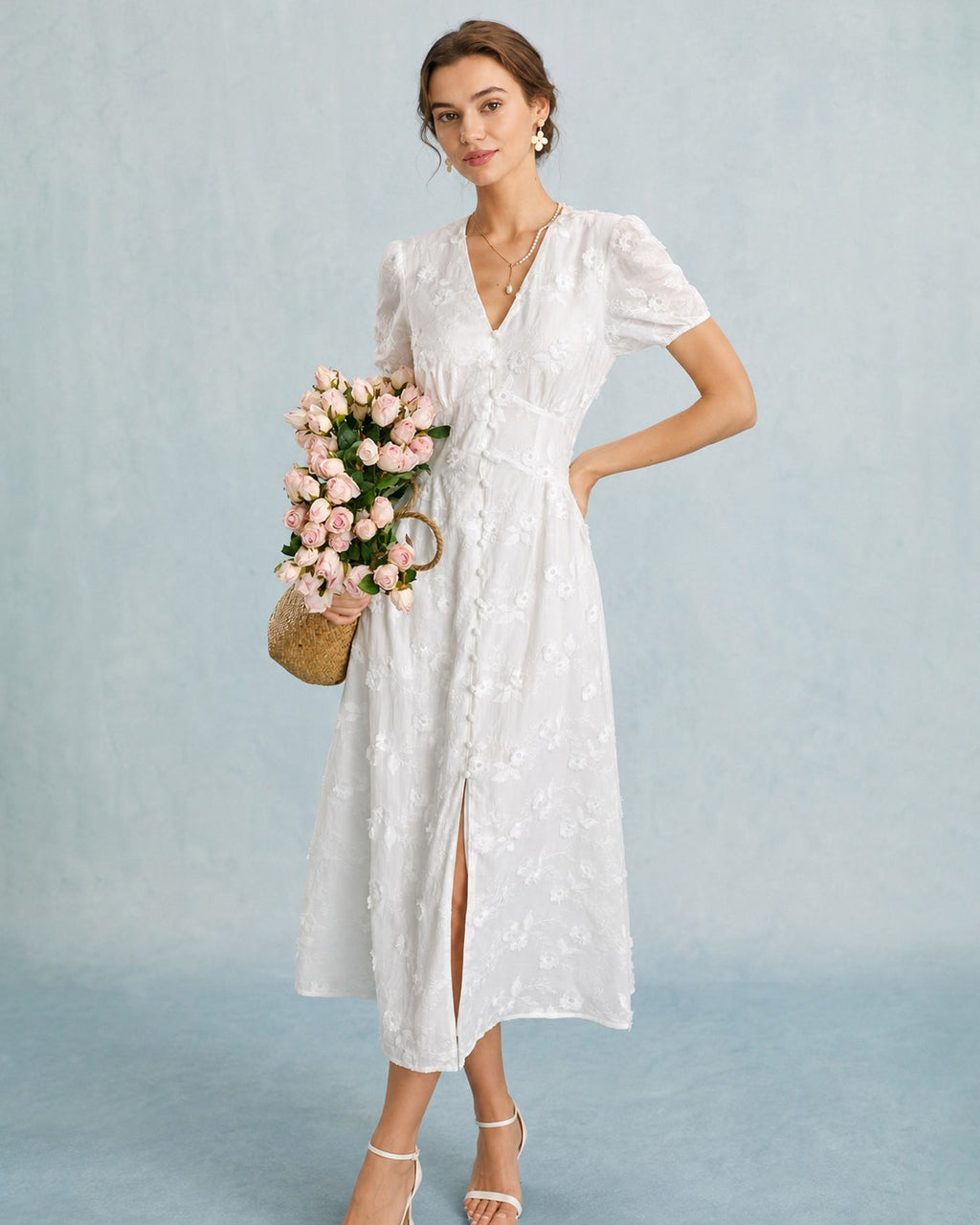 White Embroidered Midi Dress with Puff Sleeves