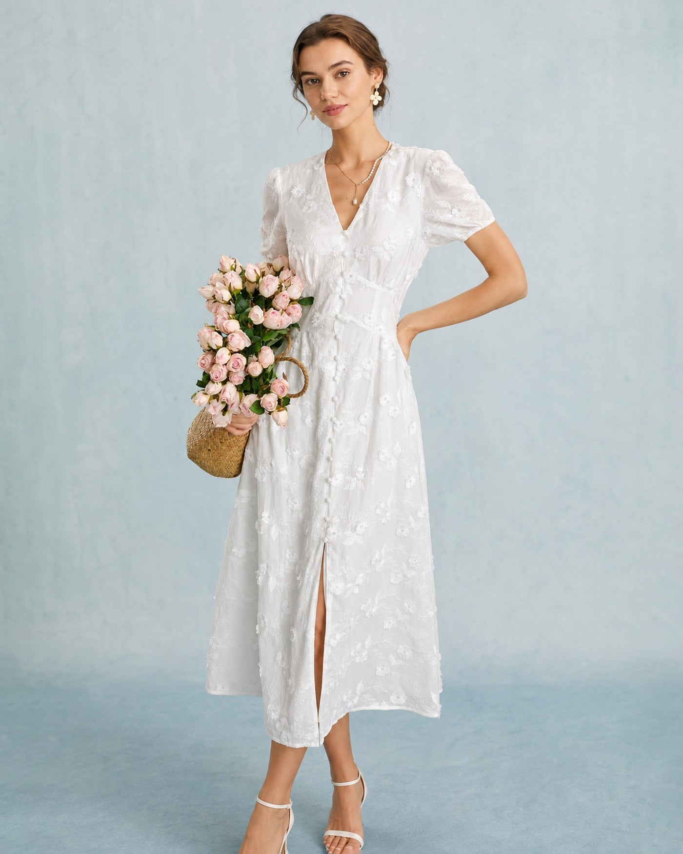 White Embroidered Midi Dress with Puff Sleeves