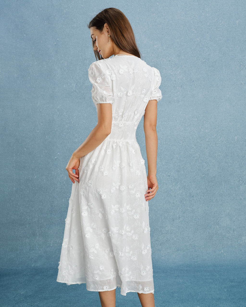 White Embroidered Midi Dress with Puff Sleeves