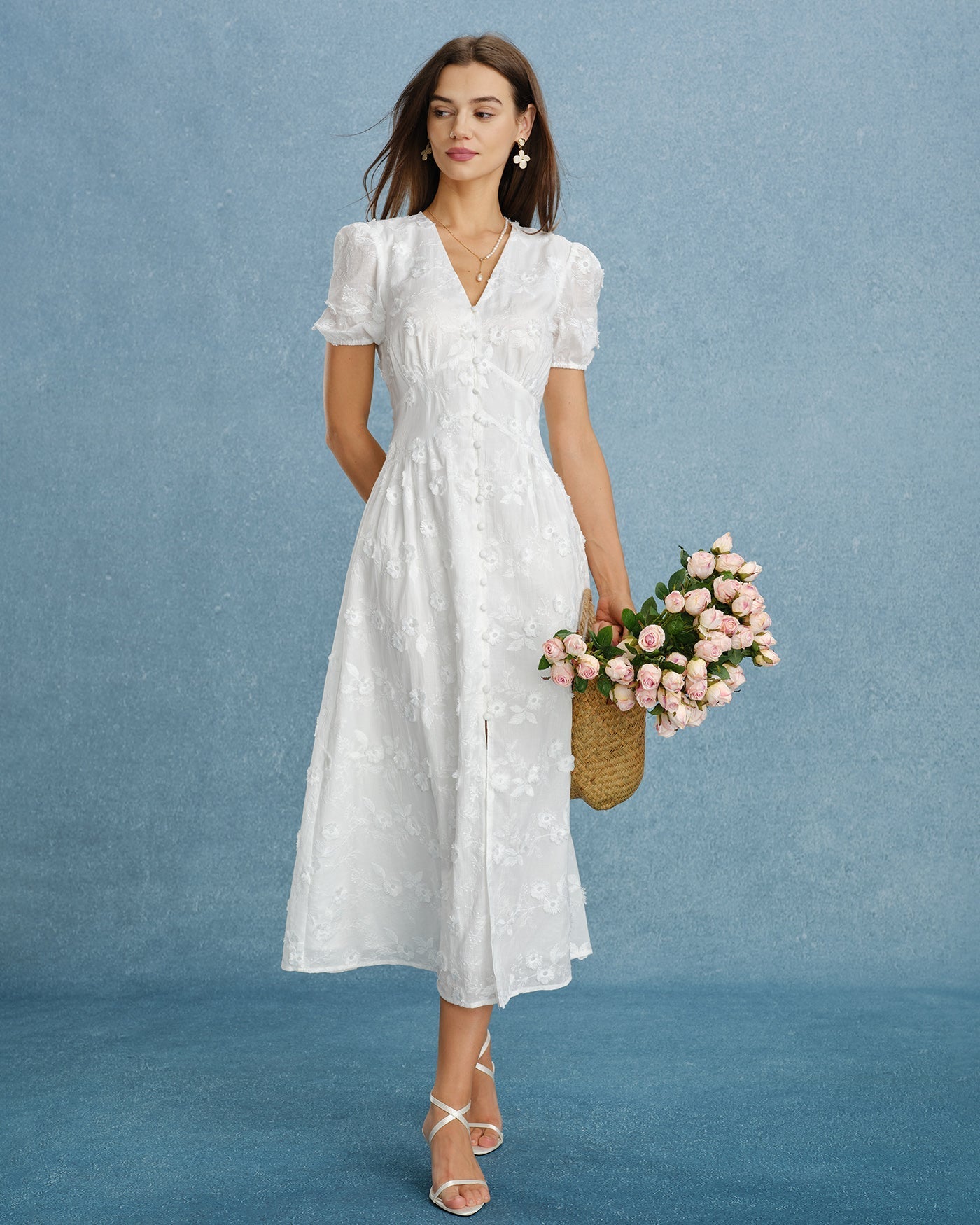 White Embroidered Midi Dress with Puff Sleeves
