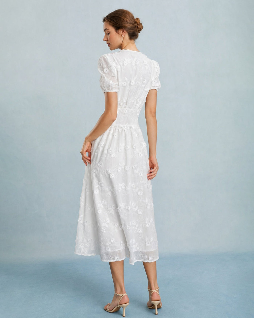 White Embroidered Midi Dress with Puff Sleeves