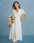 White Embroidered Midi Dress with Puff Sleeves