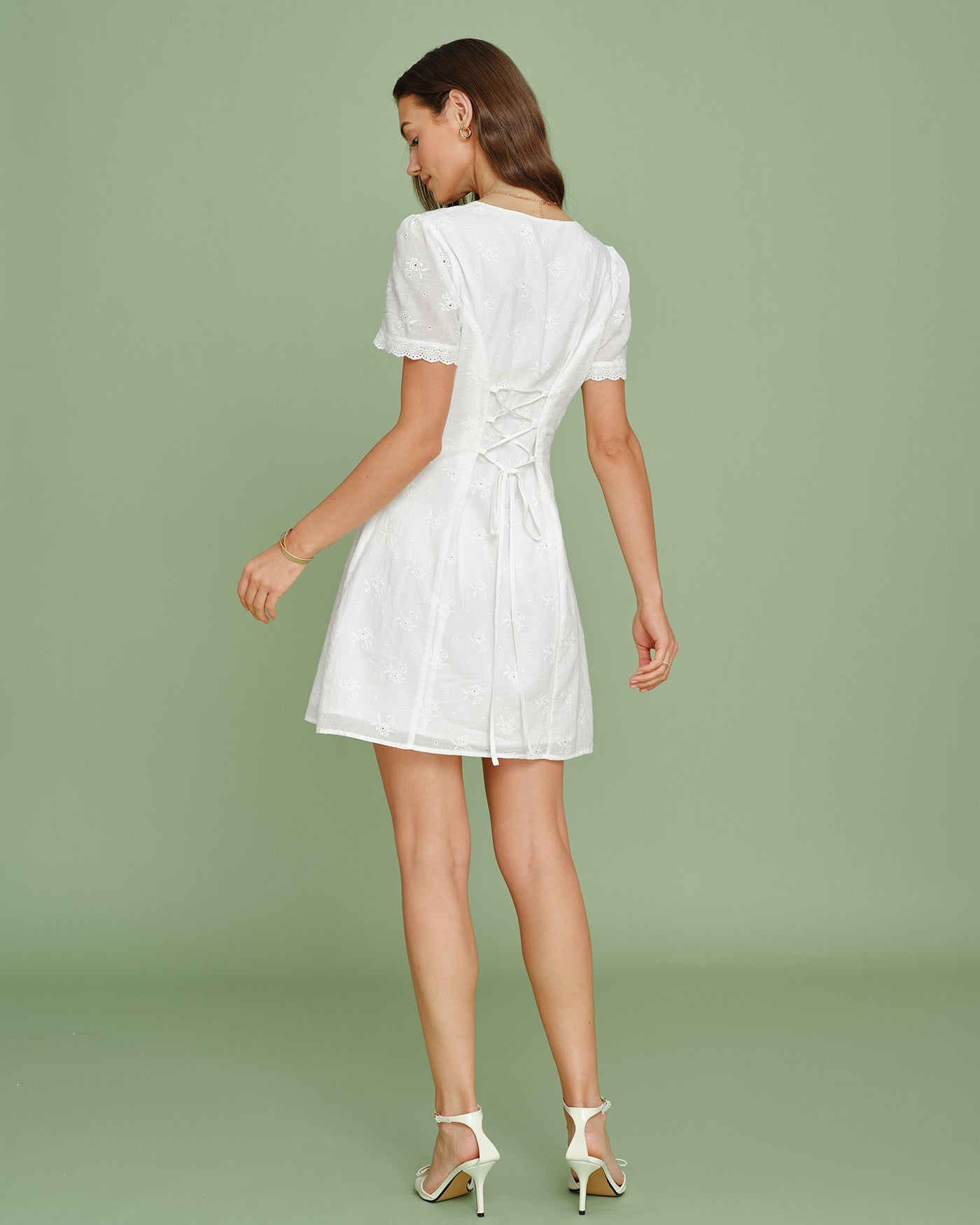White Embroidered Lace Mini Dress with V-Neck