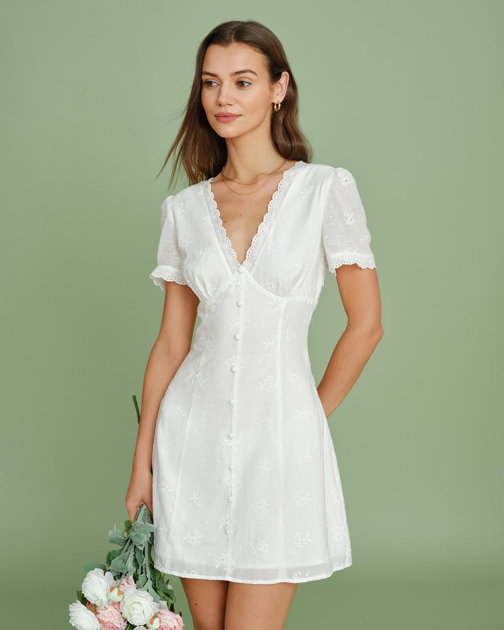 White Embroidered Lace Mini Dress with V-Neck
