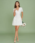 White Embroidered Lace Mini Dress with V-Neck