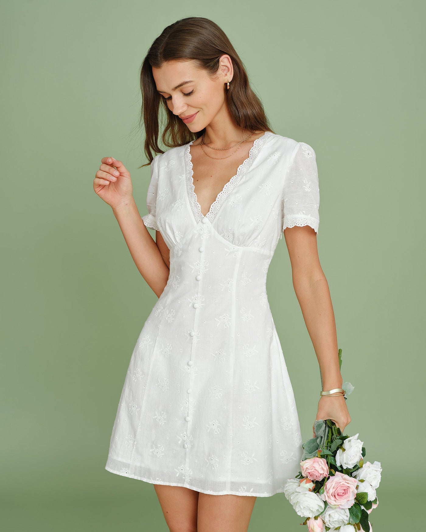 White Embroidered Lace Mini Dress with V-Neck