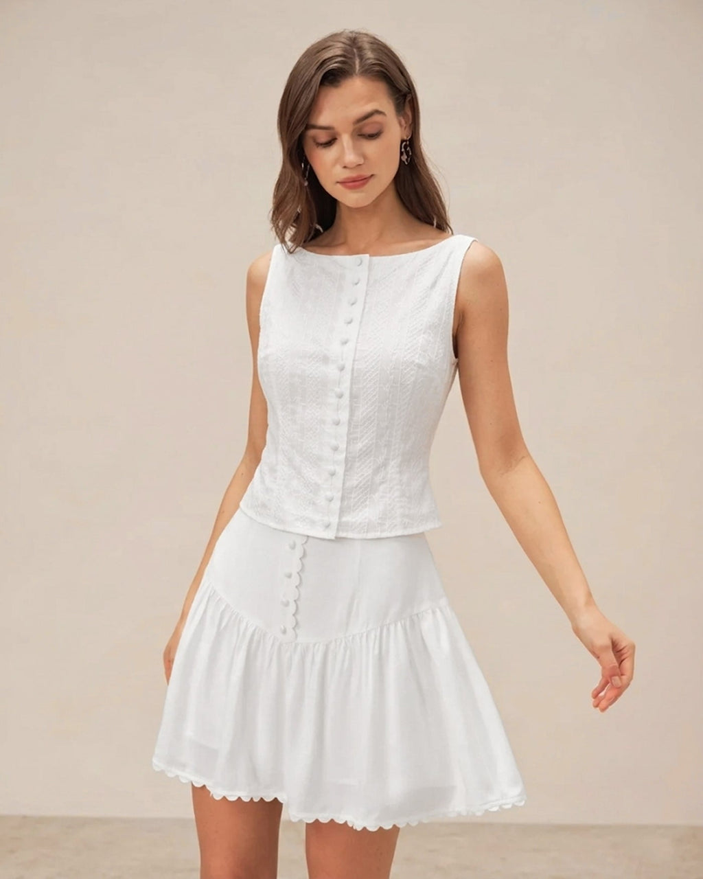 White Textured Vest with Boat Neck and Button Detail