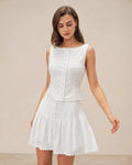 White Textured Vest with Boat Neck and Button Detail