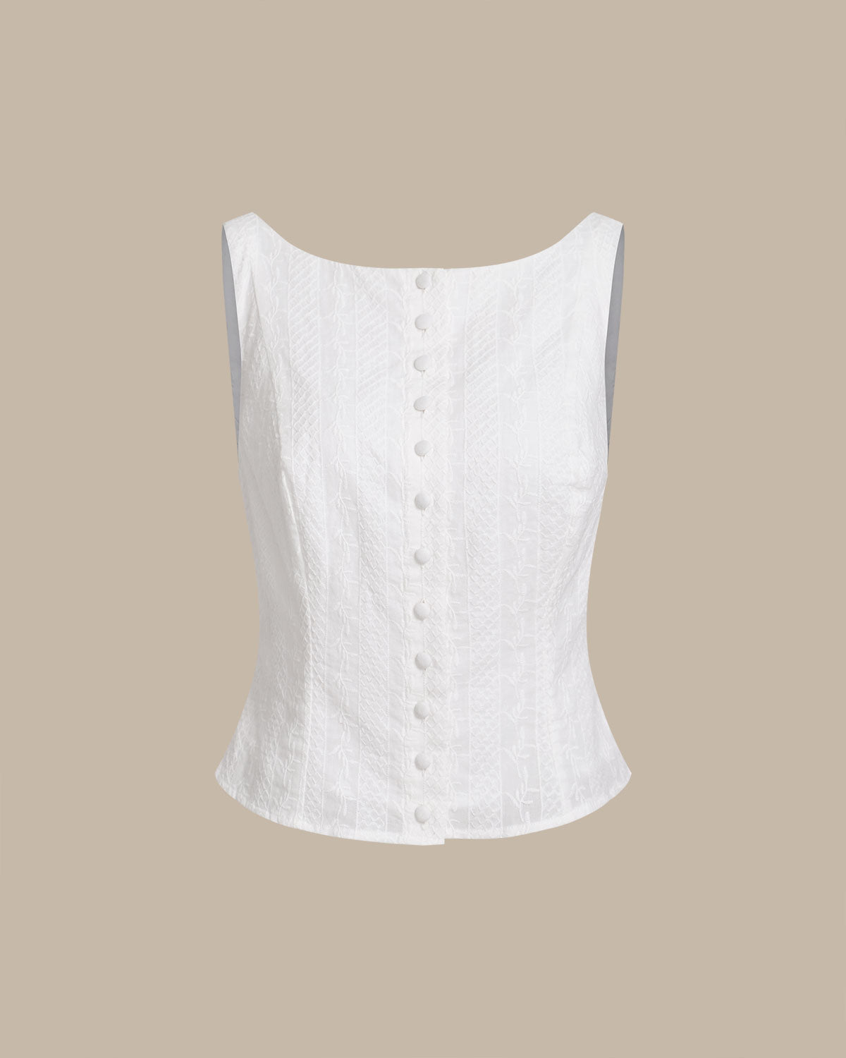 White Textured Vest with Boat Neck and Button Detail