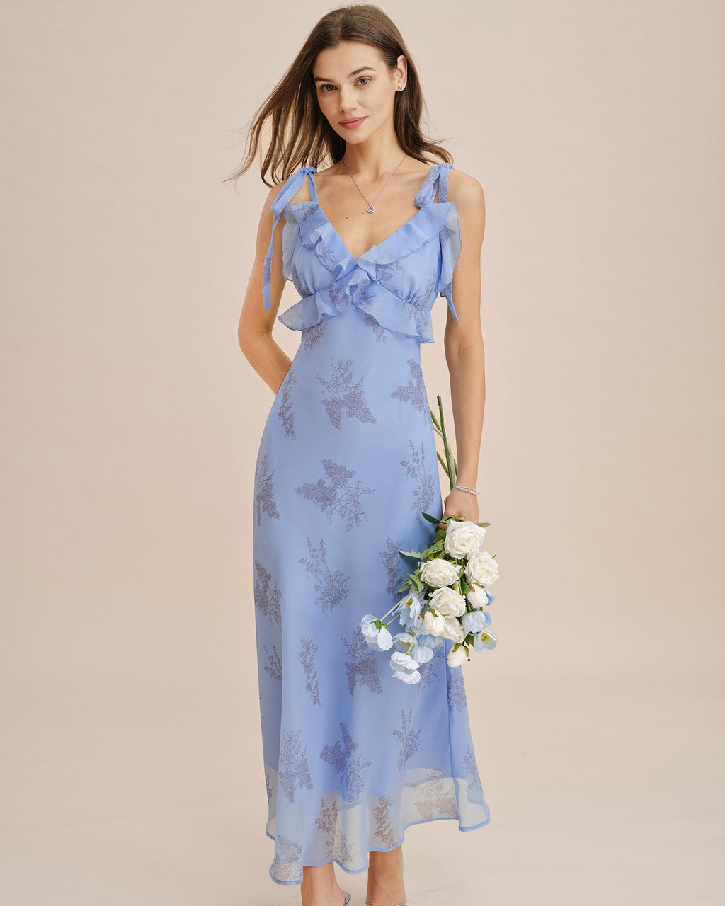 Blue Floral Maxi Dress with Ruffles and Bow Straps