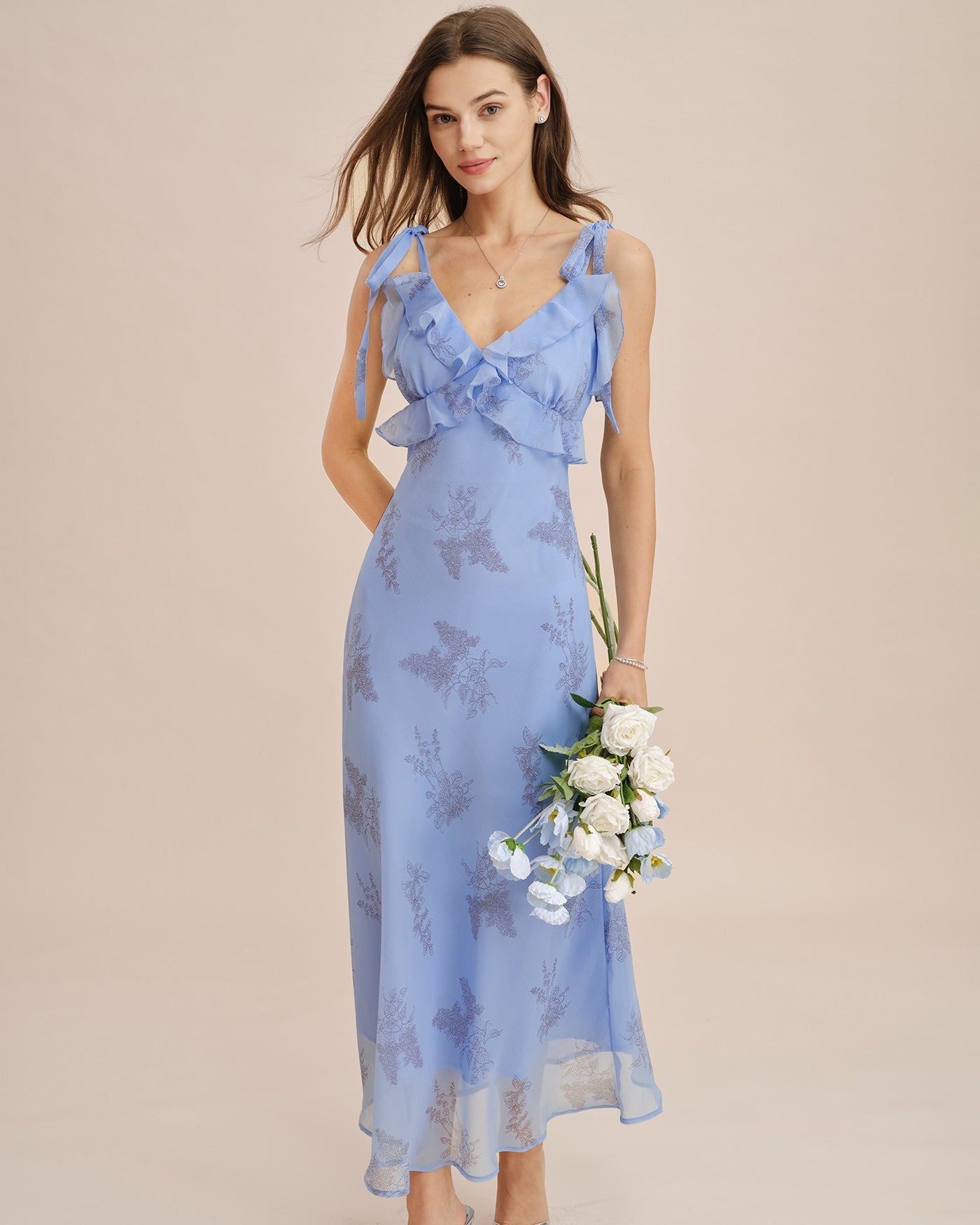 Blue Floral Maxi Dress with Ruffles and Bow Straps