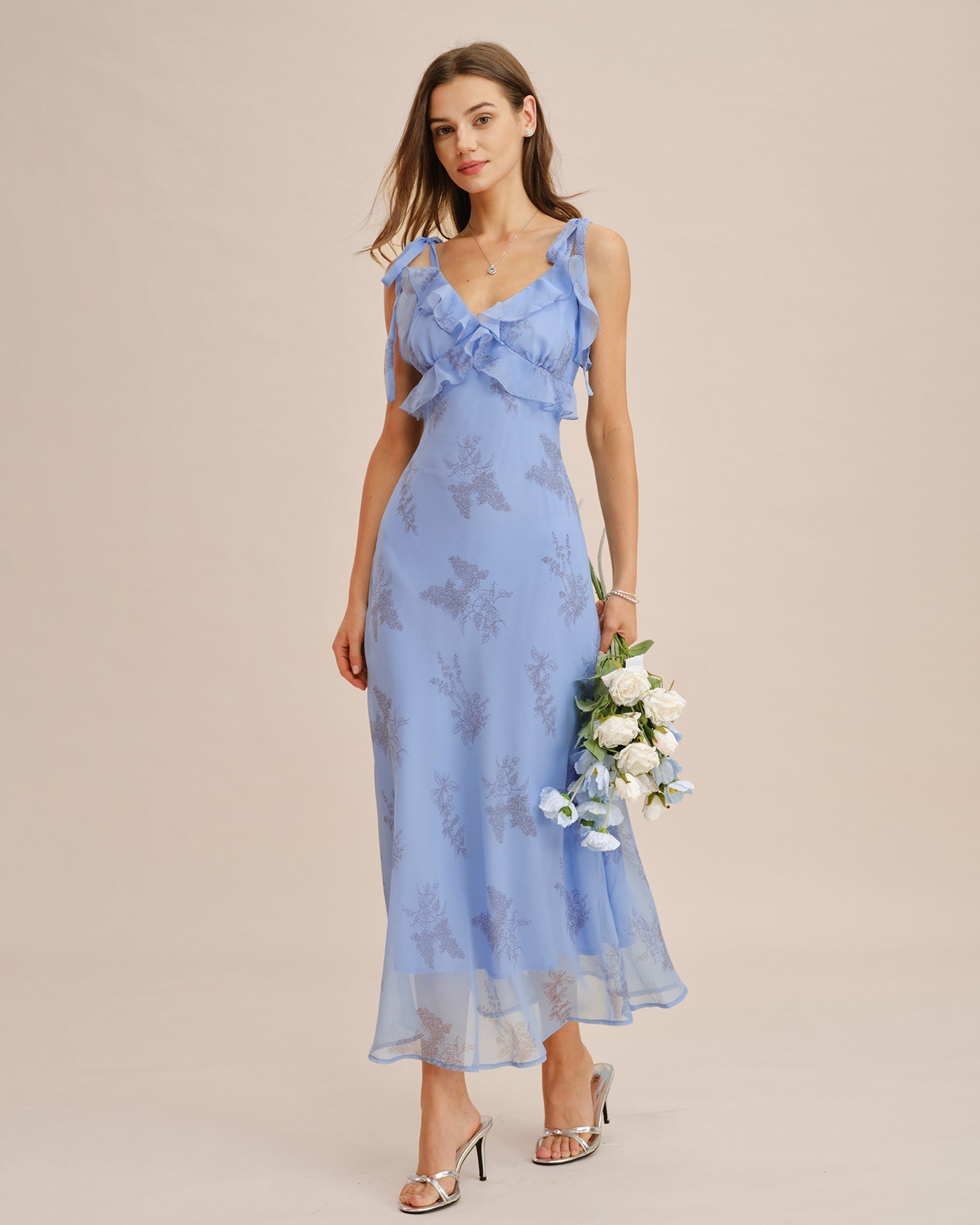 Blue Floral Maxi Dress with Ruffles and Bow Straps