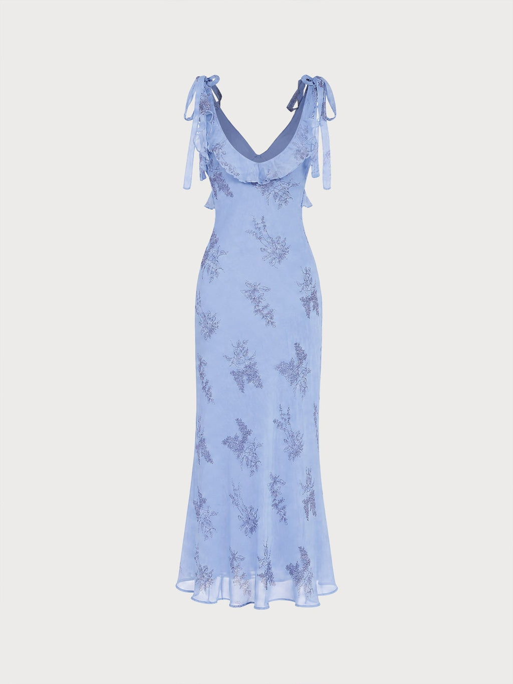 Blue Floral Maxi Dress with Ruffles and Bow Straps