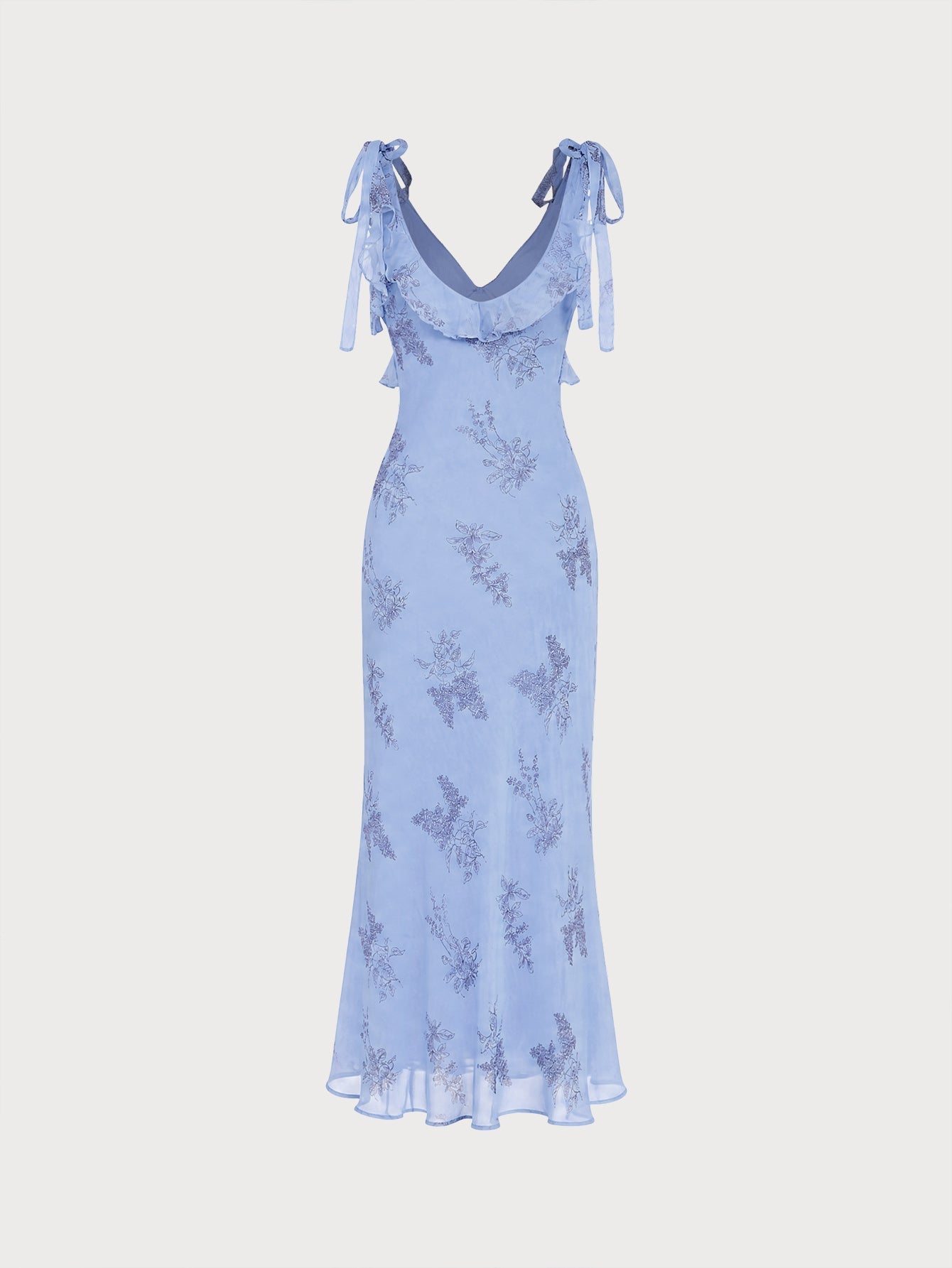 Blue Floral Maxi Dress with Ruffles and Bow Straps
