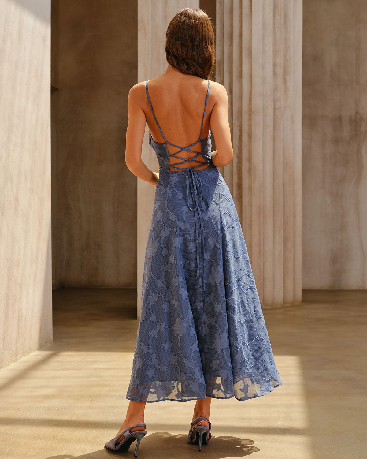 Blue Jacquard Maxi Dress with Ruching