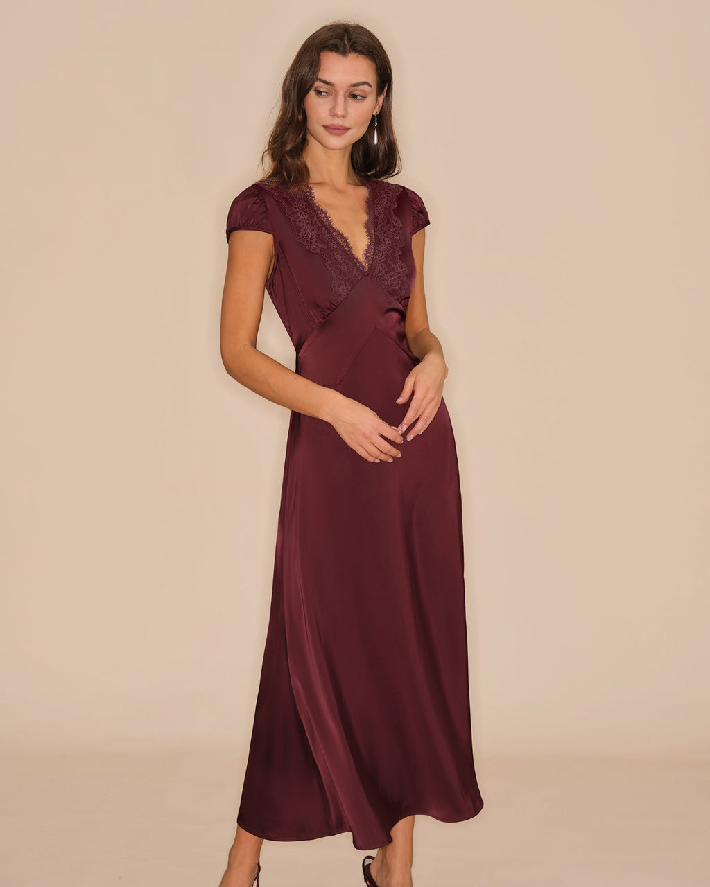 Wine Red Lace Maxi Dress with V-Neck