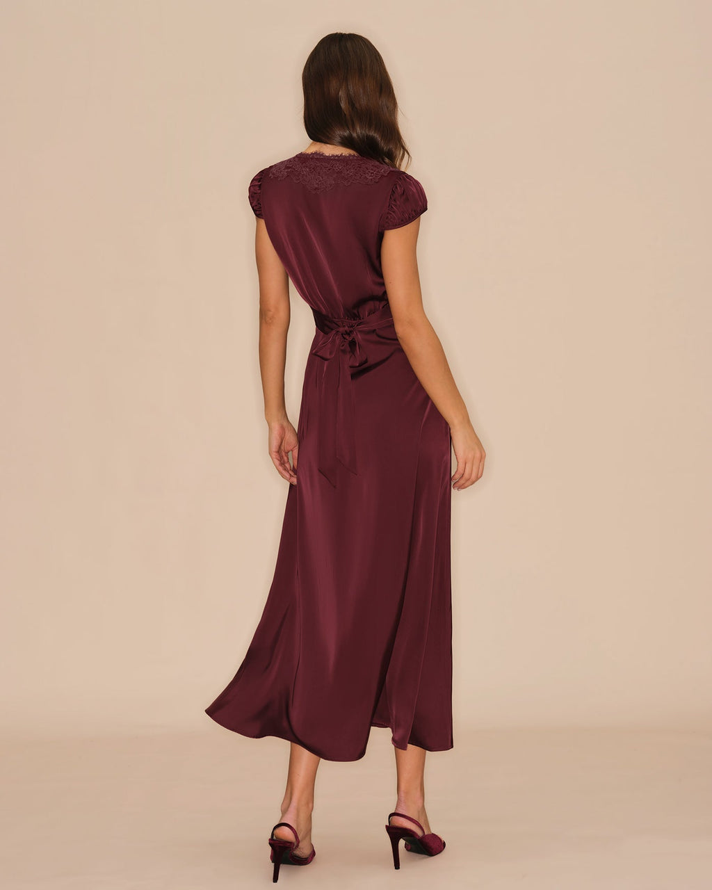 Wine Red Lace Maxi Dress with V-Neck