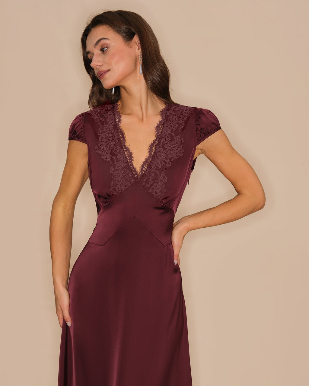 Wine Red Lace Maxi Dress with V-Neck
