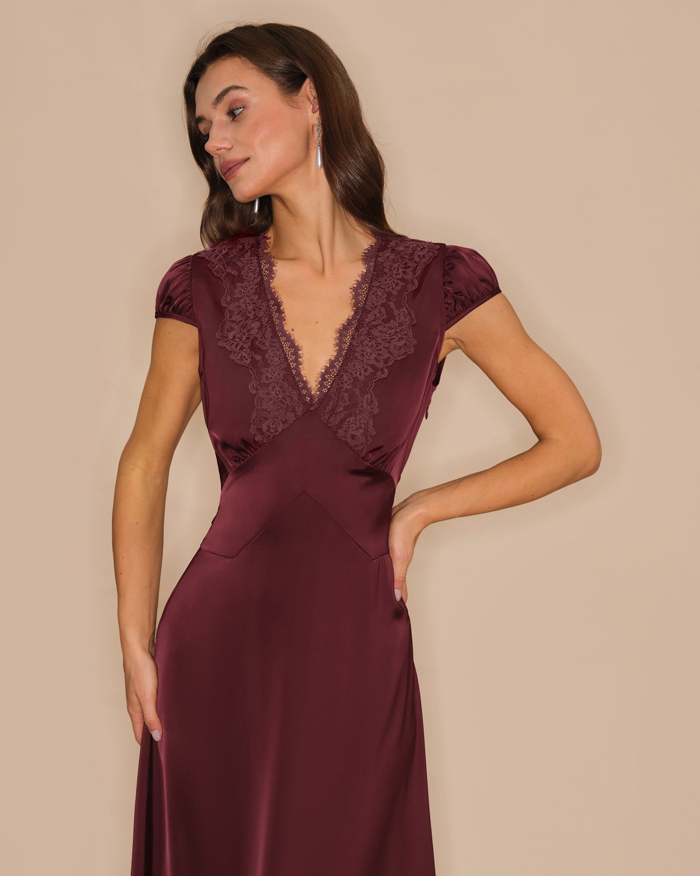 Wine Red Lace Maxi Dress with V-Neck